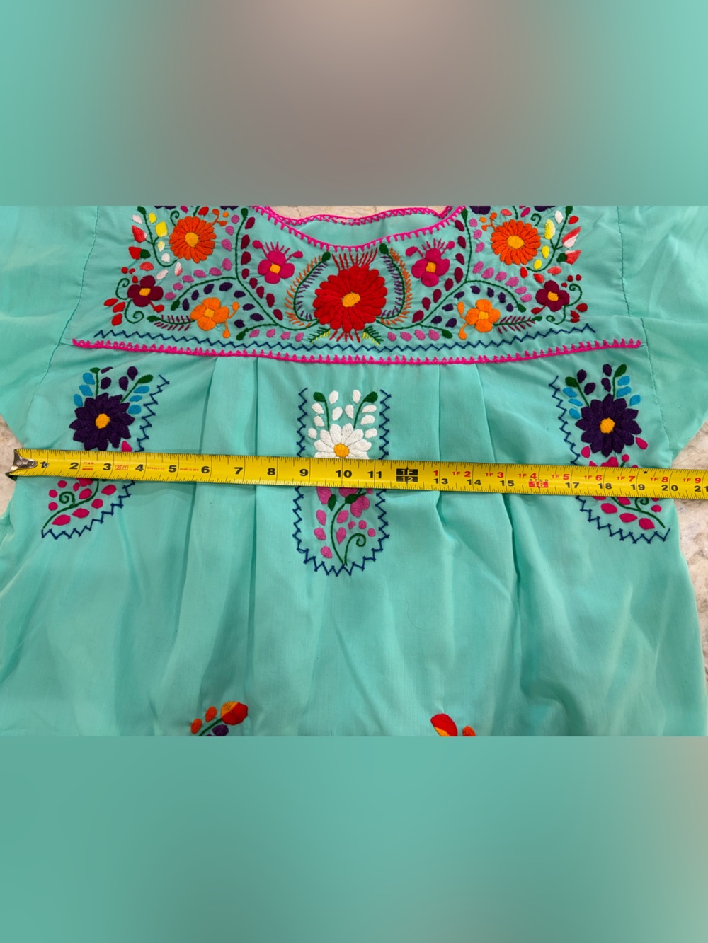 Women’s Embroidered Turquoise Midi Dress with Multi Colored Flowers - Picture 3 of 4